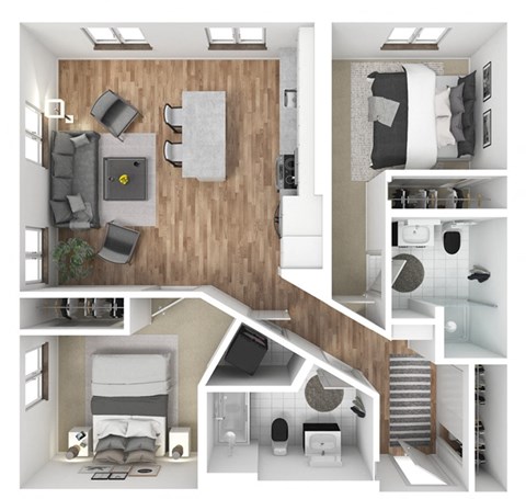 a 3d rendering of a bedroom with a bathroom and living room at The Hub, Lacey, WA